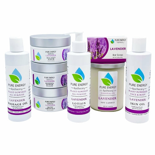 Collection of Pure Energy Apothecary lavender skincare products on a white background