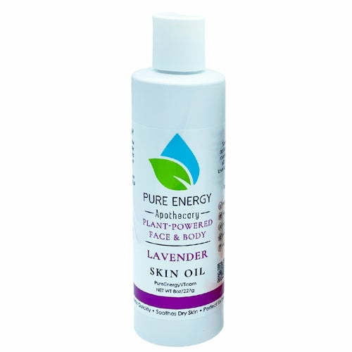 Bottle of Pure Energy Apothecary Lavender Skin Oil on a white background