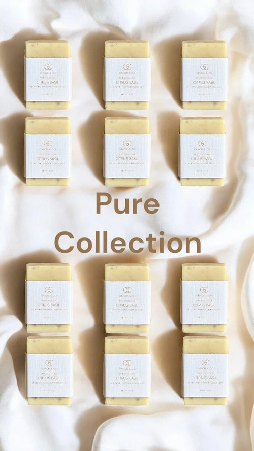 Packaging of 'Pure Collection' products on a textured surface