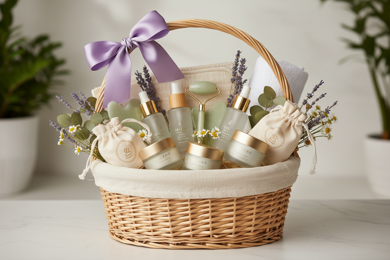 a beautiful gift basket full of self care products with a lavender bow on the handle and mke the picture to suit vertical shape