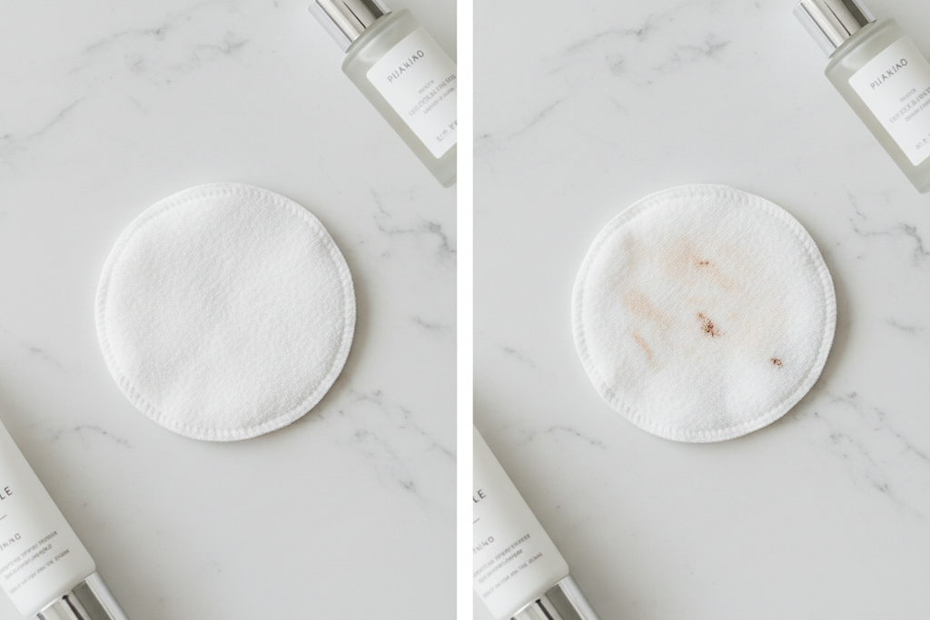 Two images showing a white circular pad with a marble pattern on a marble surface.