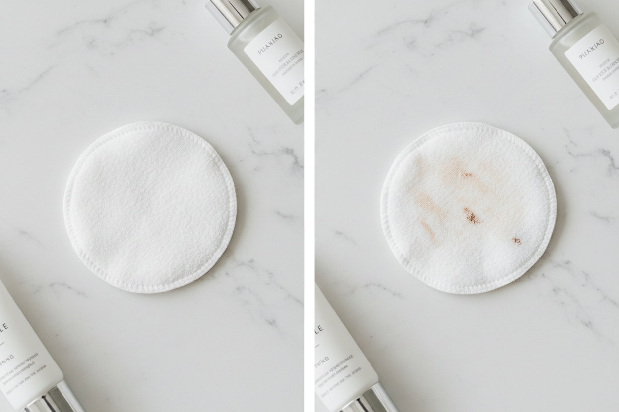 Two images showing a white circular pad with a marble pattern on a marble surface.
