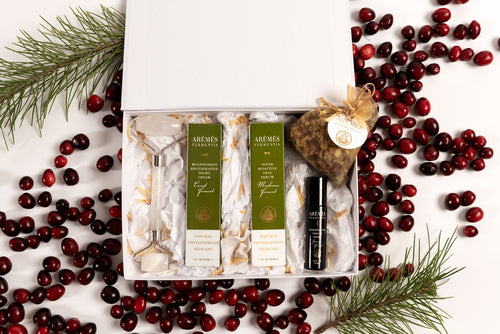 A Hermes beauty set with a facial brush, mask, and serum surrounded by cranberries and greenery on a white background.