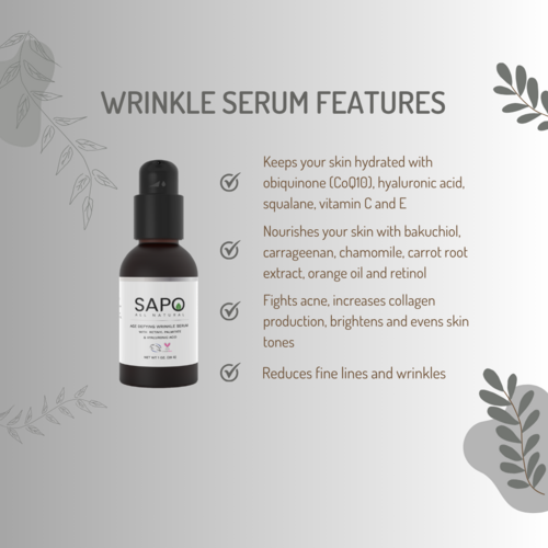 SAPO wrinkle serum bottle with features listed on a light gray background