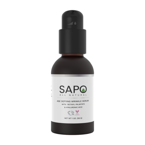 SAPO all natural age-defying wrinkle serum bottle on a white background