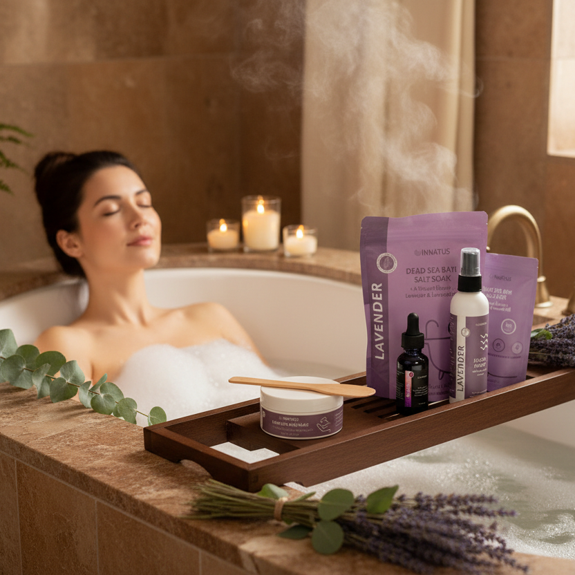 "Woman relaxing in a luxury bubble bath with Dead Sea Spa Gift Set products — bath salt, mud mask, lavender facial spray and essential oil — arranged on the bath edge, surrounded by candles and eucalyptus sprigs"