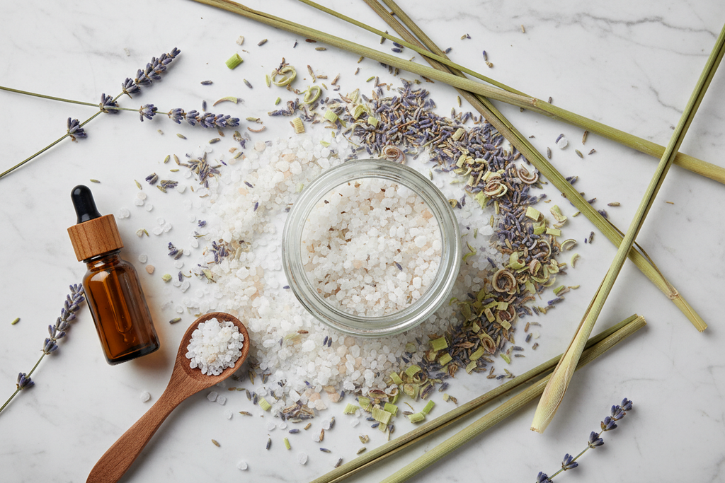 Jar of bath salts with a dropper, wooden spoon, and lavender flowers on a marble surface