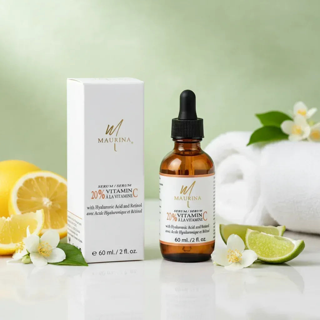 Maurina Vitamin C serum with packaging, lemons, and flowers on a light green background