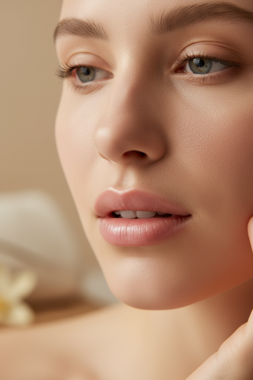 Close-up of a woman's face with a neutral background