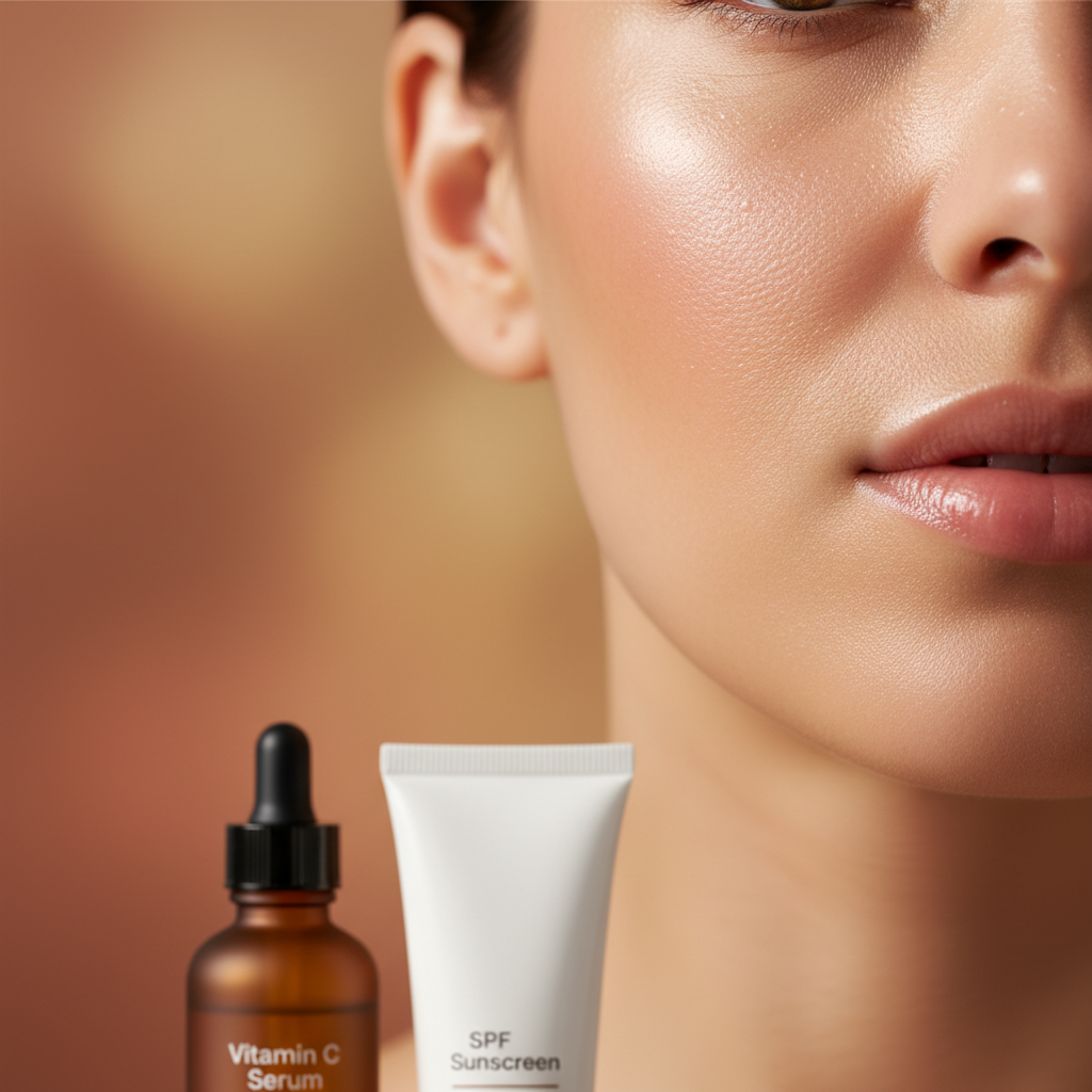 Close-up of a woman's face with skincare products on a warm-toned background