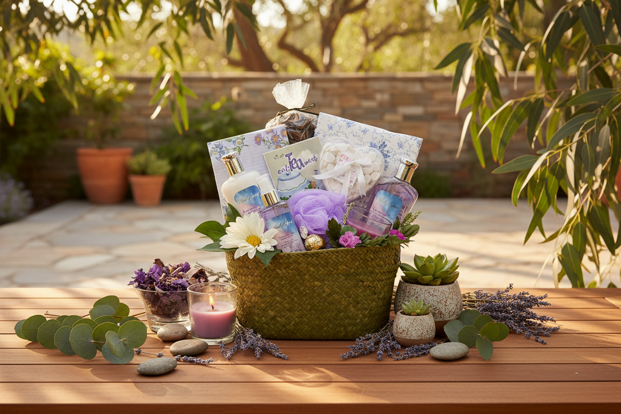 Bath gift basket with candles, flowers, and soaps on a wooden table outdoors.