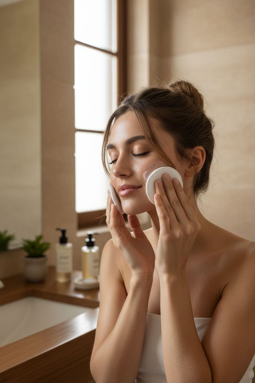 Woman applying facial cleanser in a bathroom setting