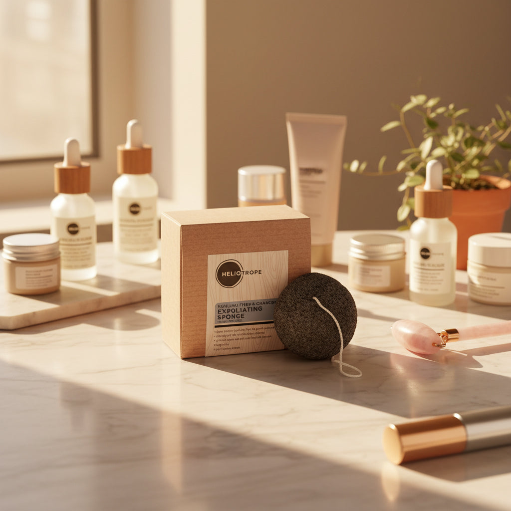 Cosmetic products on a wooden surface with a box labeled 'Meliora' in the center.