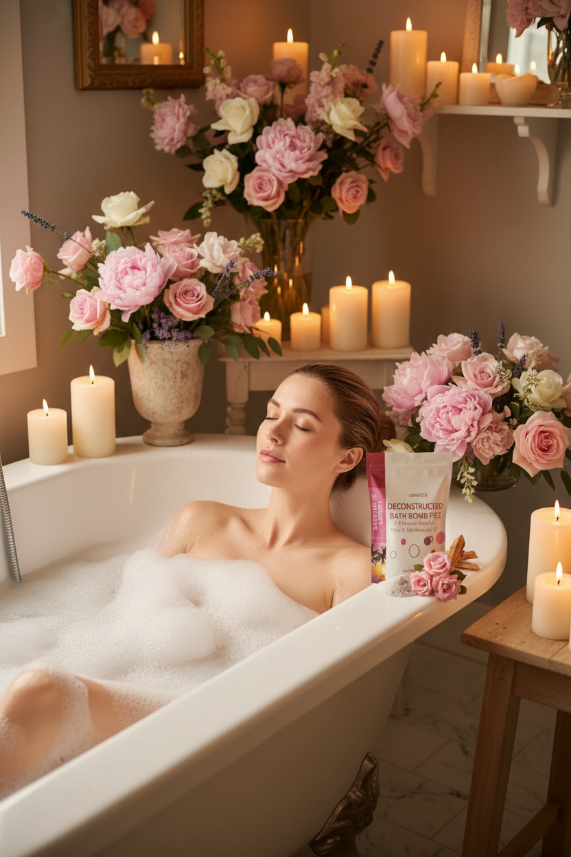 Woman relaxing in a bubble bath with candles and flowers in a cozy setting