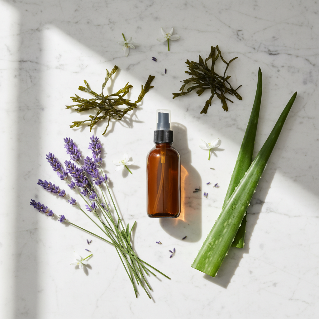 Brown glass bottle with a spray nozzle on a marble surface surrounded by aloe vera, lavender, and seaweed.