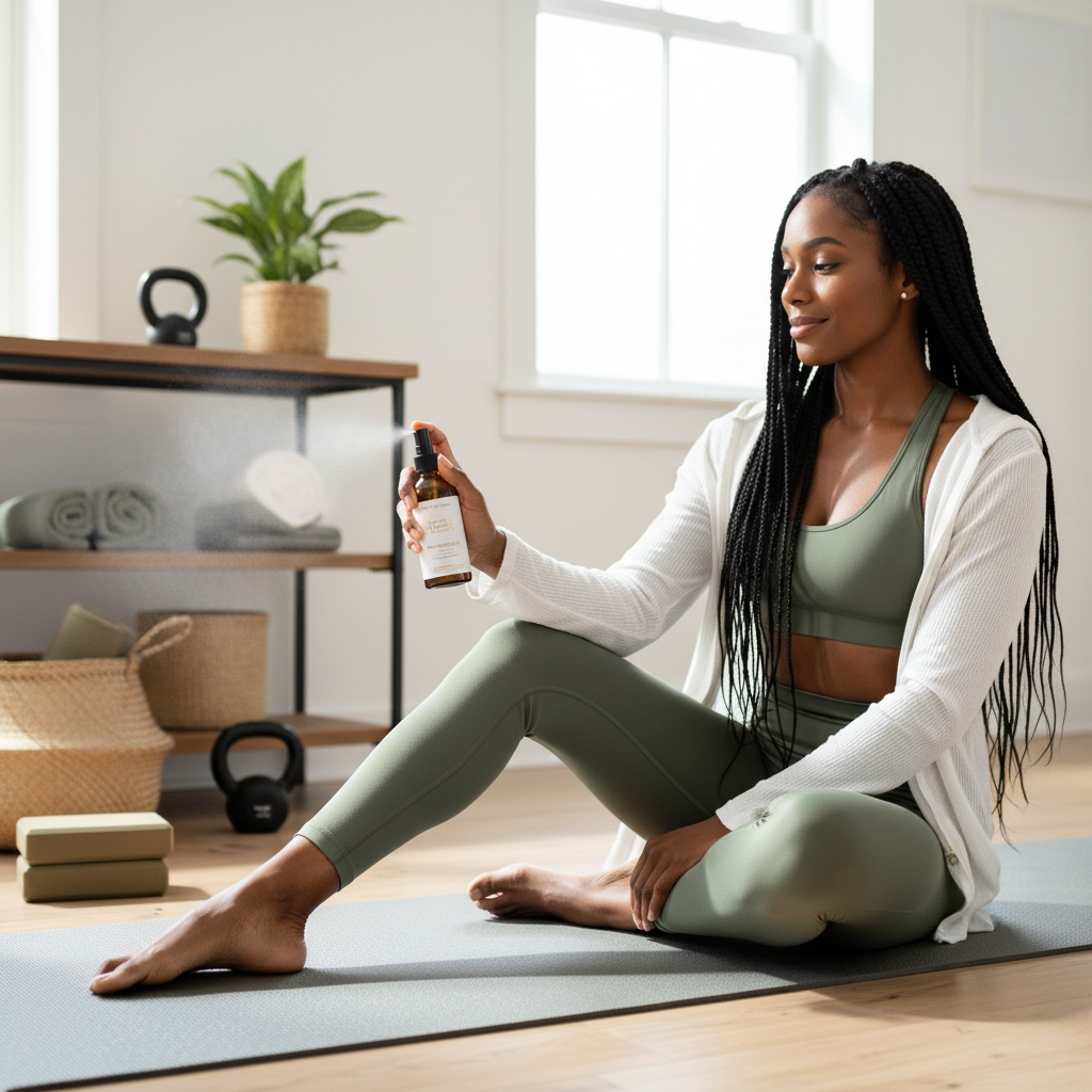 Woman in green athletic wear sitting on a yoga mat with a bottle in a home setting.