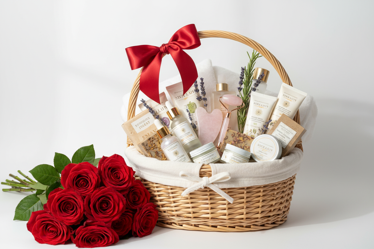 make a beautiful gift basket full of luxury self love gifts with a bunch of re rose next to it and a red cloured bow on the handle
