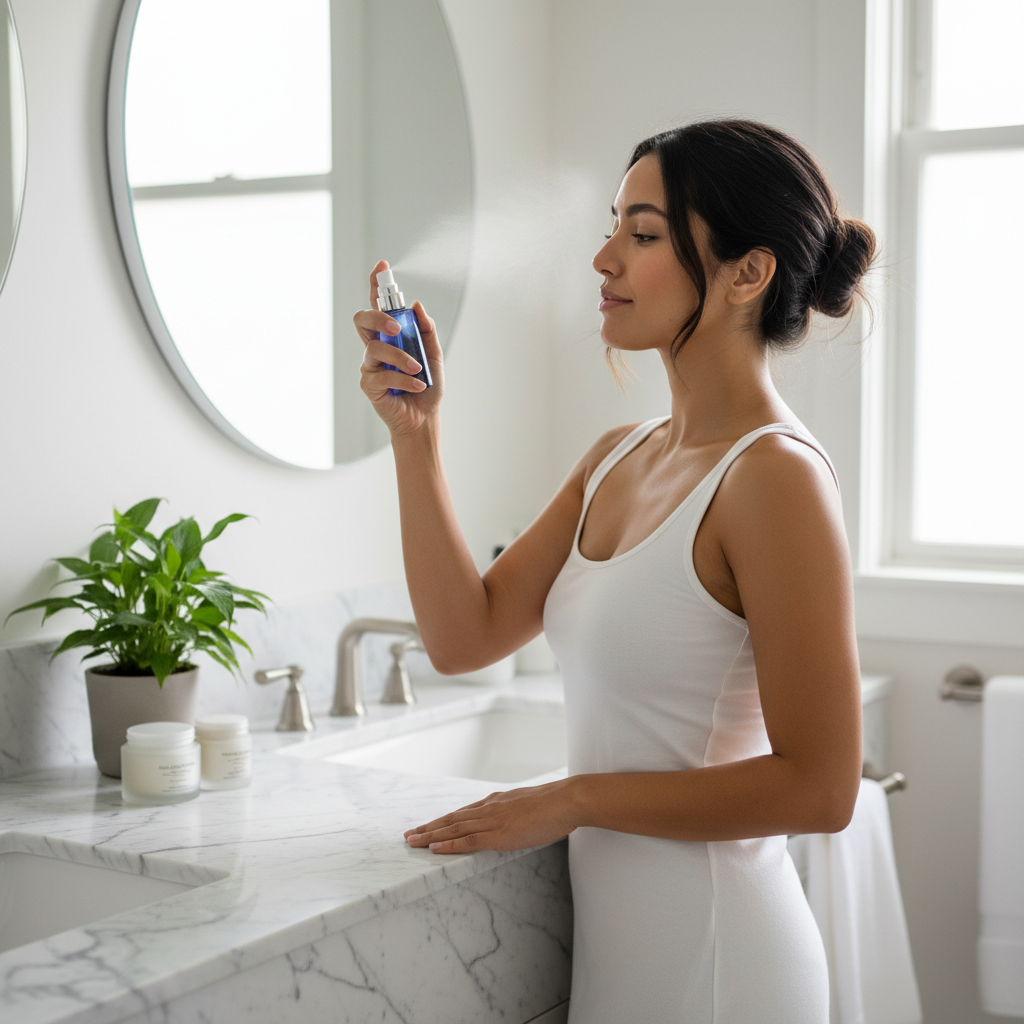 Woman misting Marine Active Facial Toner onto glowing skin at a spa-like bathroom vanity — Glowarua pH balancing toner for sensitive skin