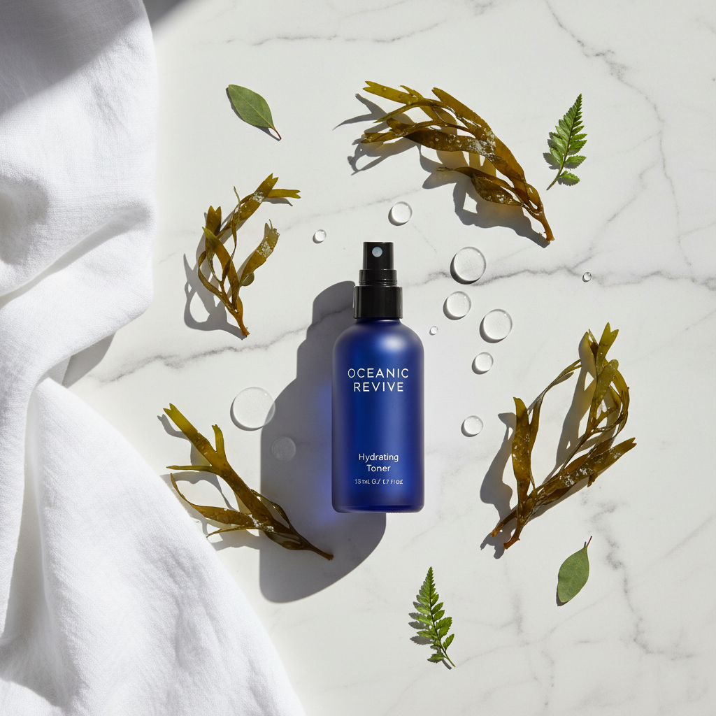 Marine Active Facial Toner flatlay on white marble with sea kelp and botanicals — Glowarua pH balancing toner spray for sensitive skin