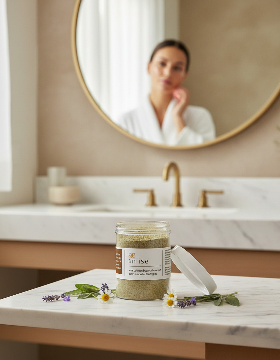 Anise powder in a container surrounded by herbs and flowers on a marble surface