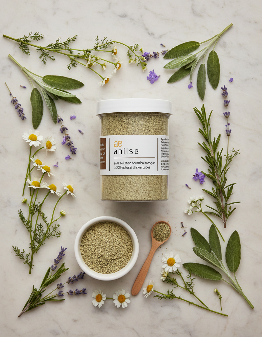 Anise powder in a container surrounded by herbs and flowers on a marble surface