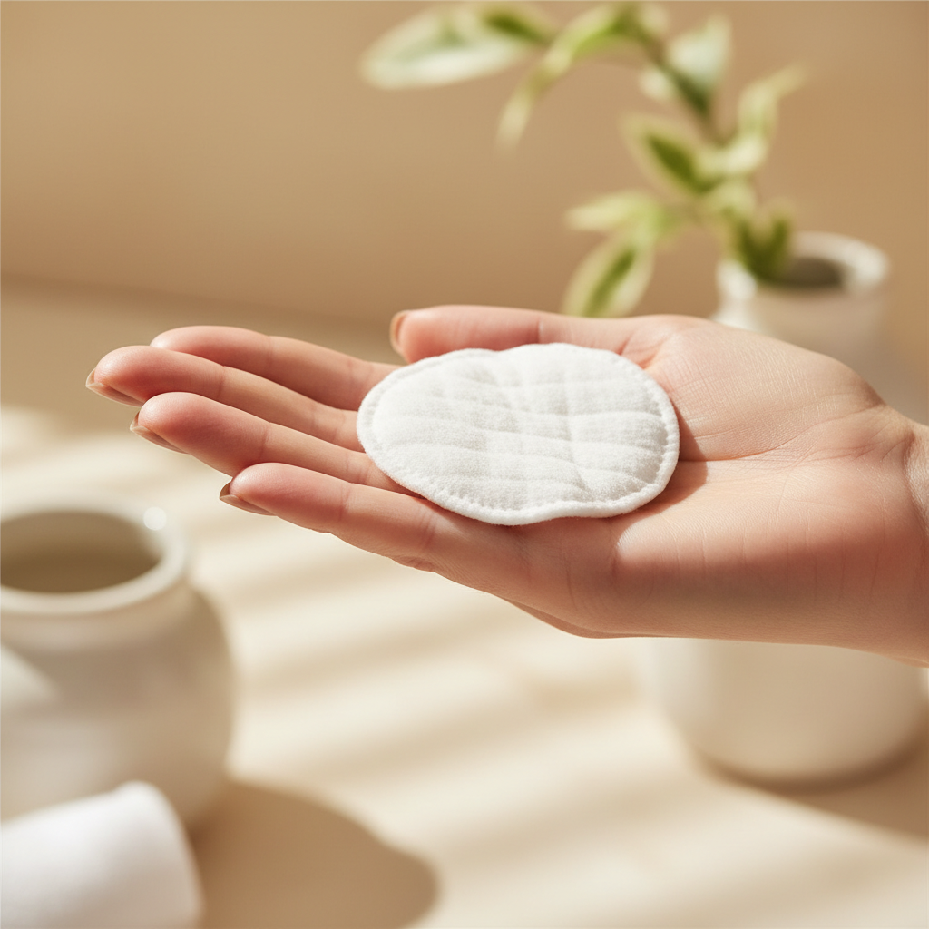 Cotton pad held in a hand with a blurred indoor setting