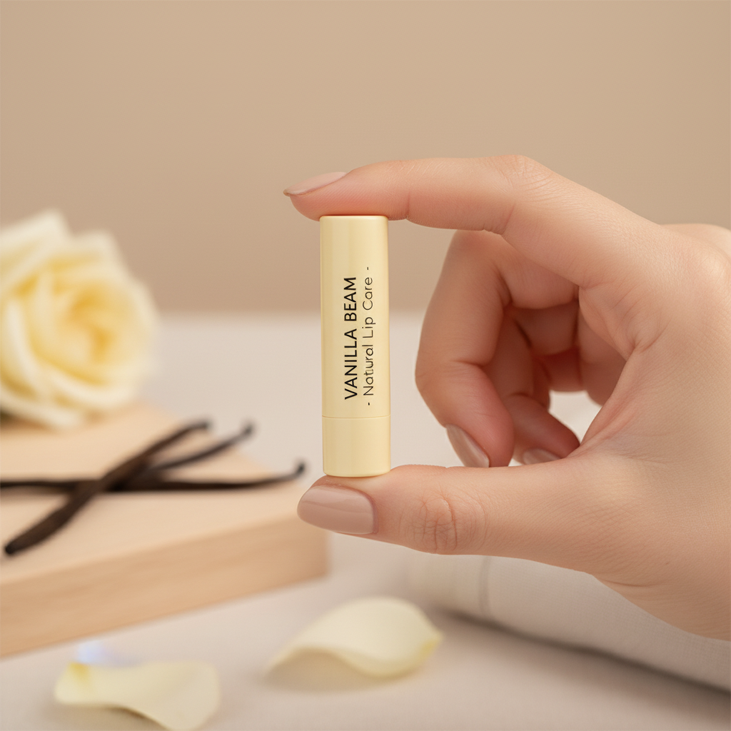 Hand holding a Vanilla Beam lip balm with vanilla beans and flowers in the background