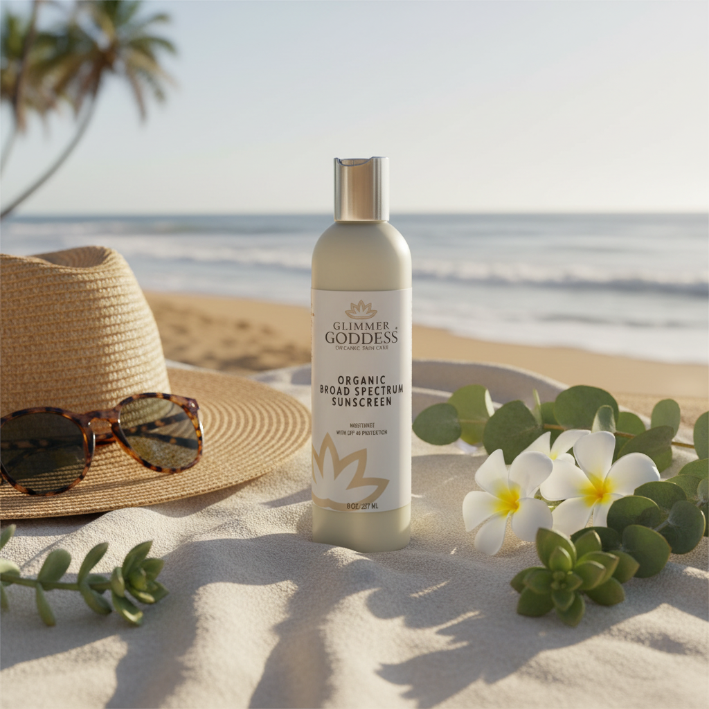 Sunscreen bottle labeled 'Glimmer Goddess' on a sandy beach with a hat and sunglasses.