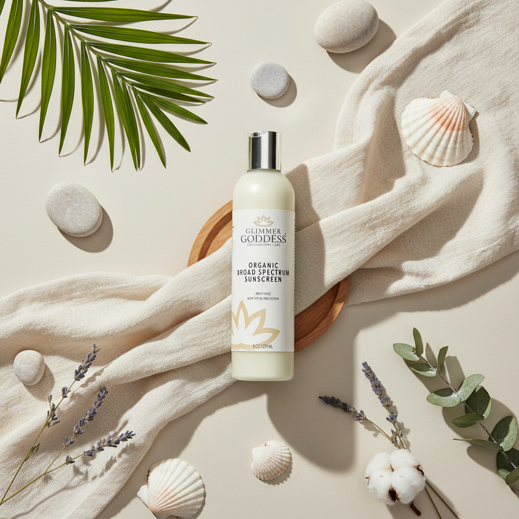 Sunscreen bottle with natural elements on a beige background