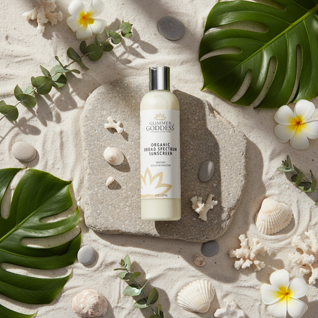 Sunscreen bottle labeled 'Glimmer Goddess' on a stone surrounded by leaves, flowers, and shells.