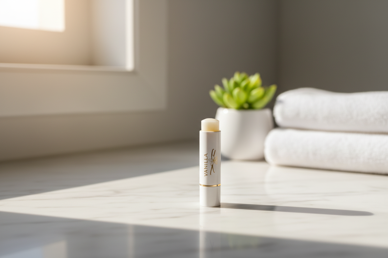 Skincare product on a marble surface with towels and a plant in the background