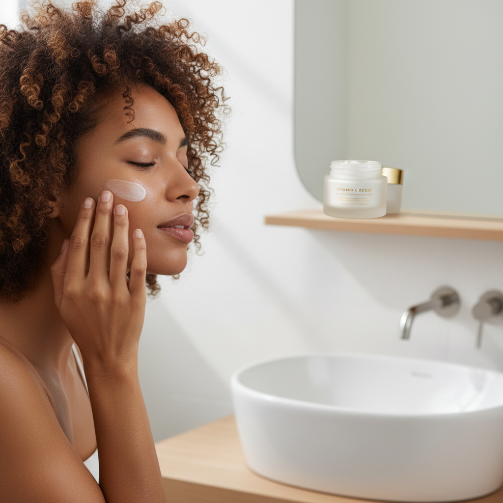 Woman applying cream to her face in a bathroom setting with skincare products on a shelf.