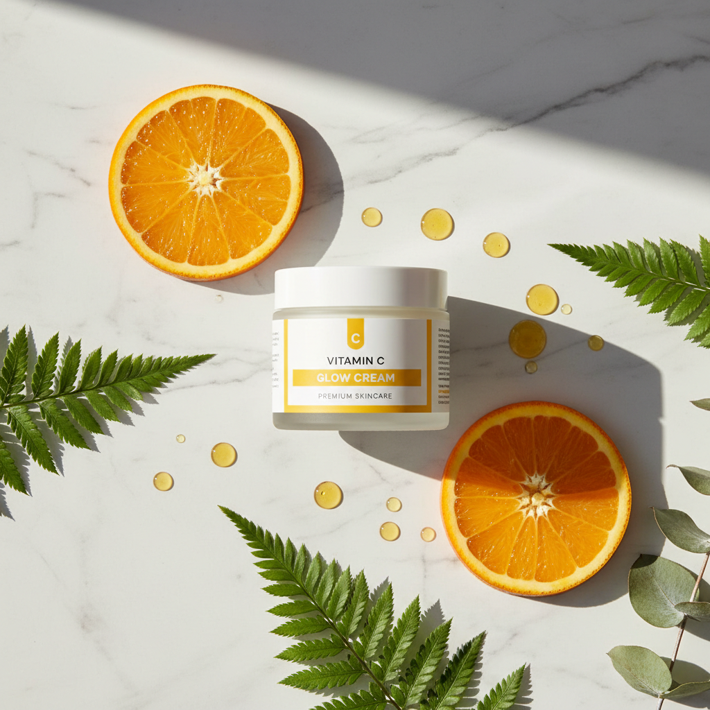 Jar of Vitamin C cream with sliced oranges and leaves on a marble surface
