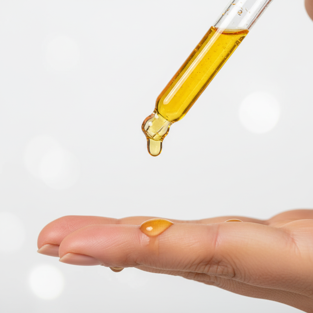 Yellow dropper bottle with a drop of liquid on a person's hand against a white background