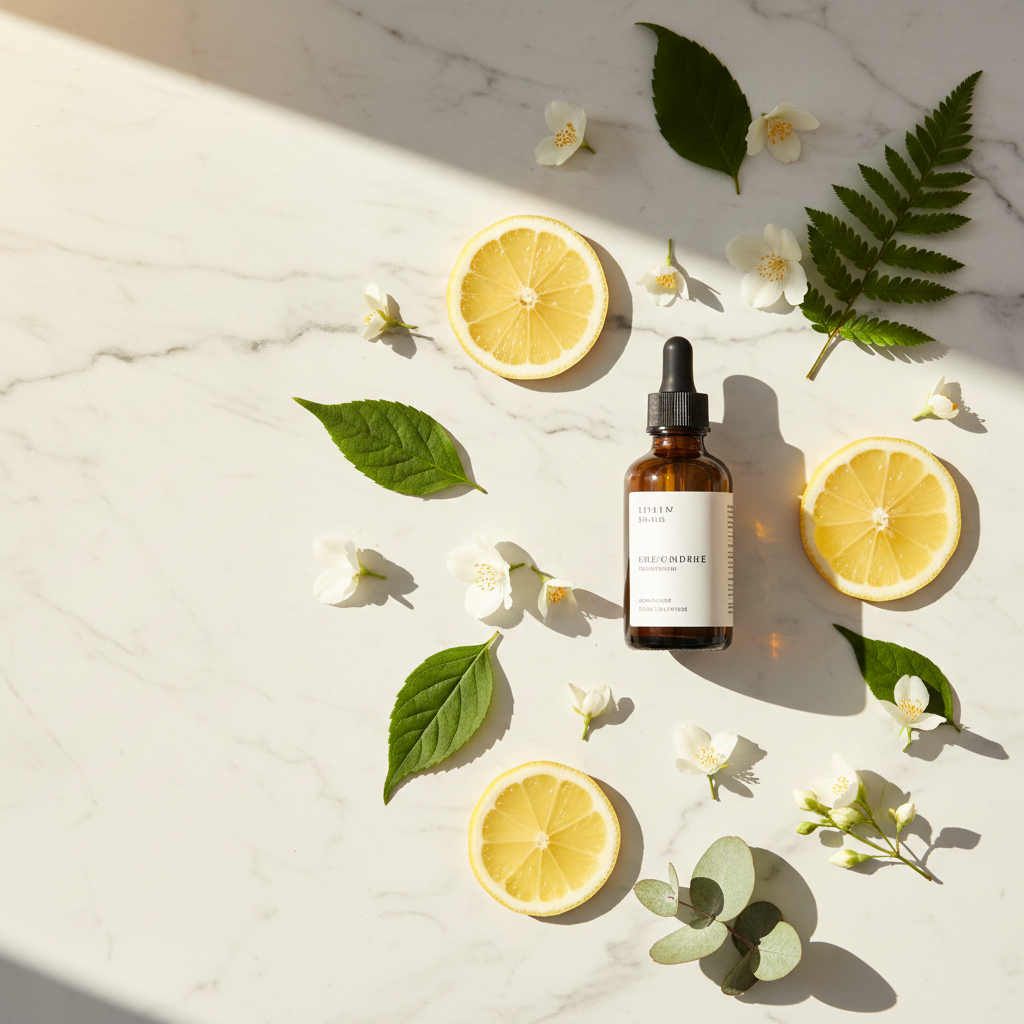 Skincare serum bottle with lemons and leaves on a marble surface