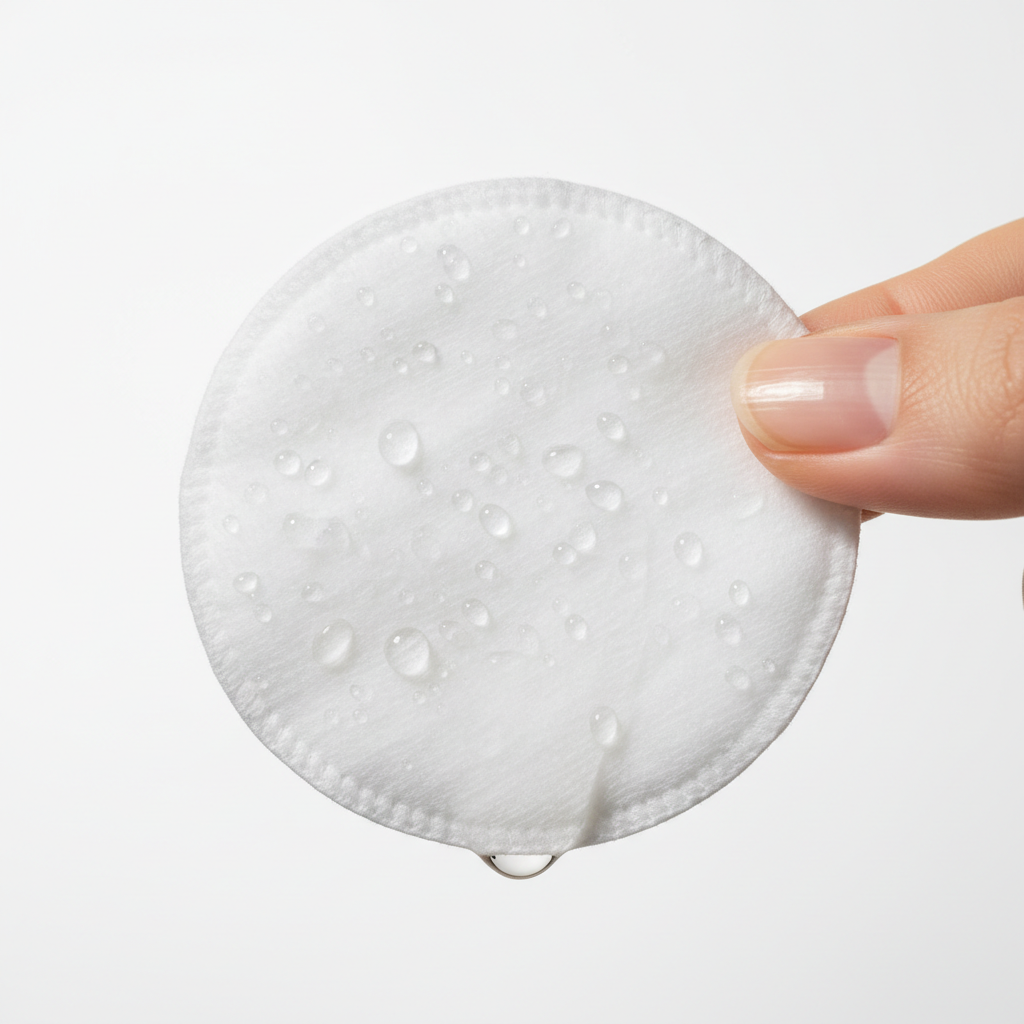 Cotton pad with water droplets held by a hand on a light gray background