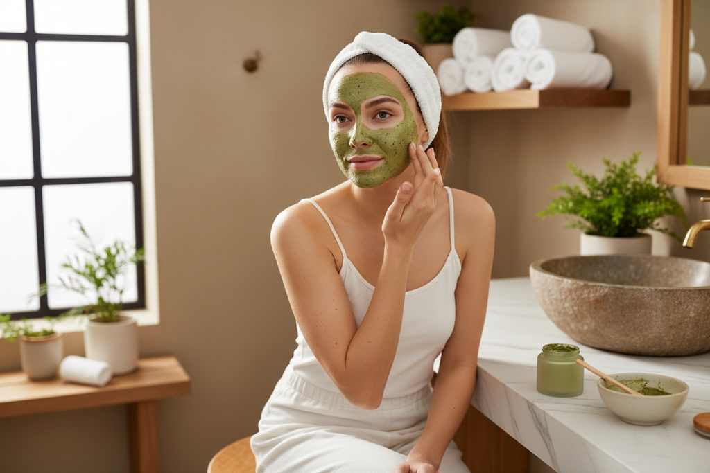 Woman applying green facial mask in a bathroom setting