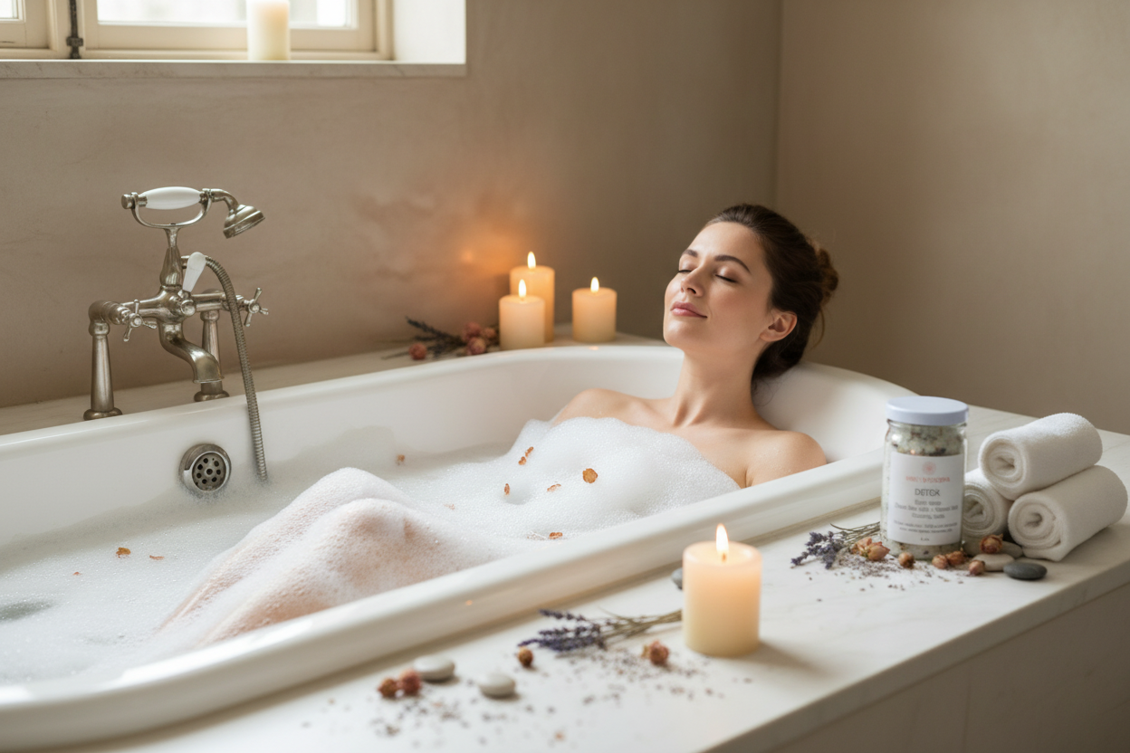 Woman relaxing in a bubble bath with candles and bath salts.