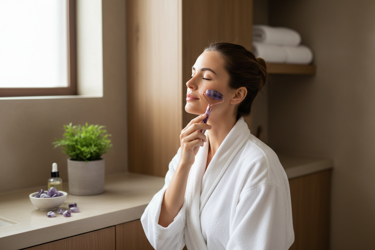 Woman using facial roller in a bathroom