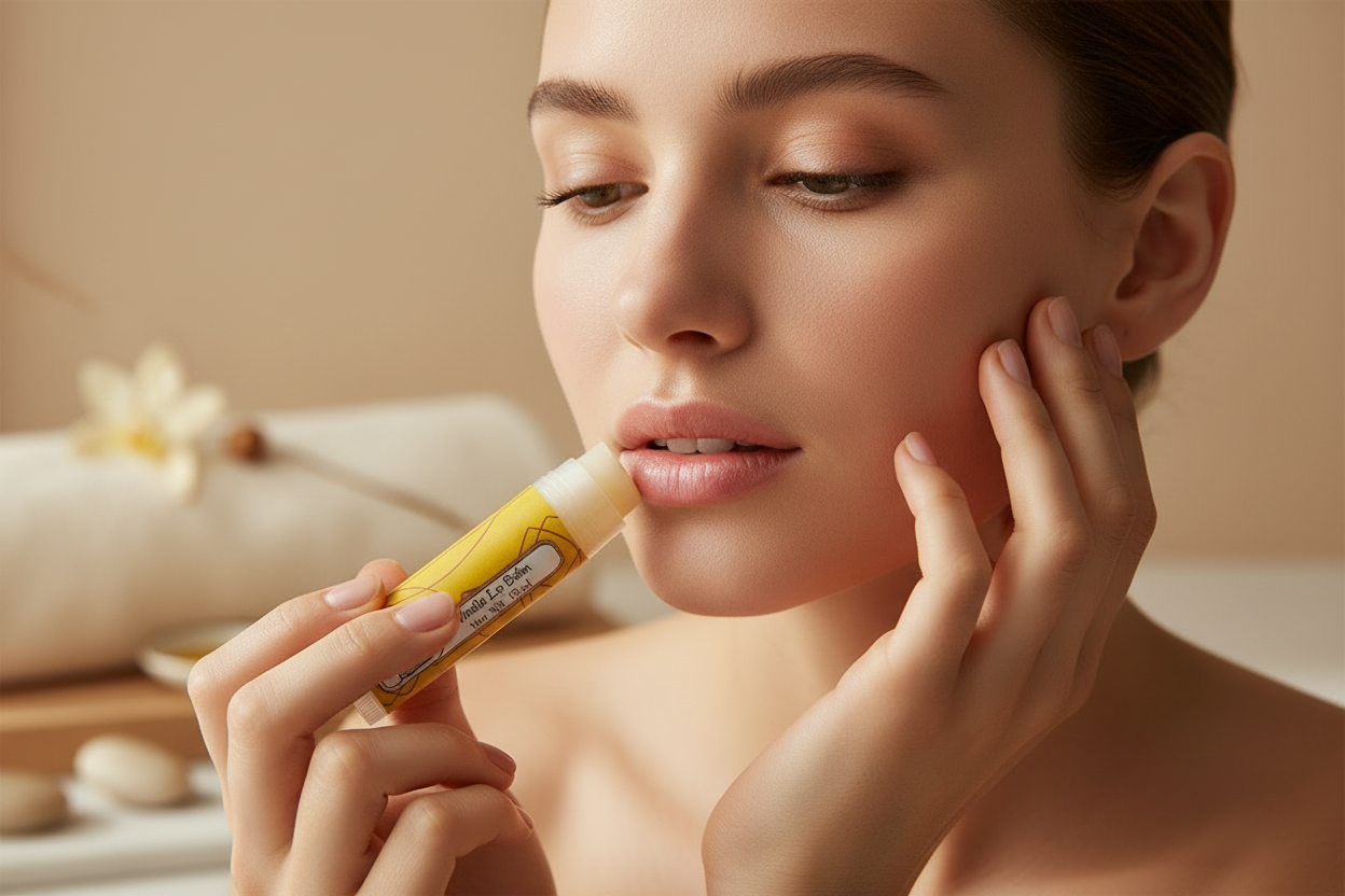 Woman applying lip balm to her lips with a blurred background